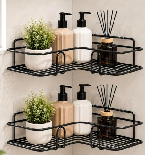 Oslen Pack of 2 No Drill Self Adhesive Bathroom Corner Shelf, Metal Wall Mounted Shower Storage Rack,