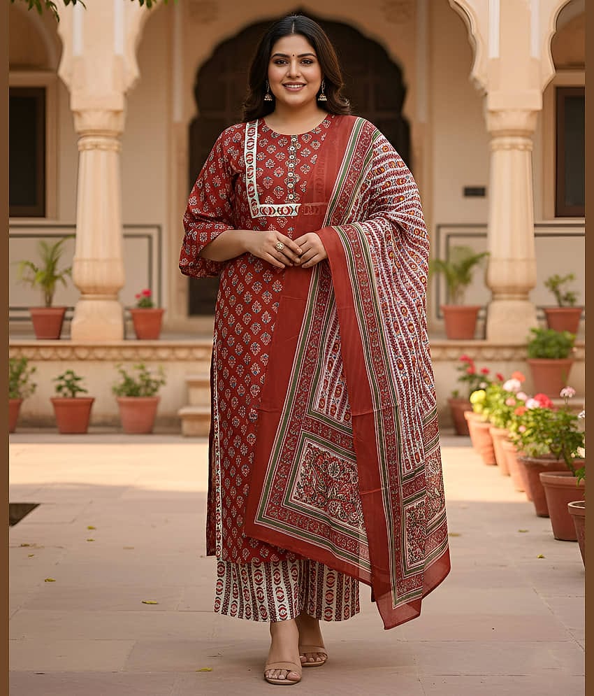 Yash Gallery Women Rayon Printed Straight Kurti With Palazzo ( Maroon )