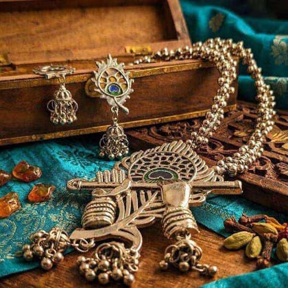 Premium Oxidized Krishna Flute Mor Pankh Necklace