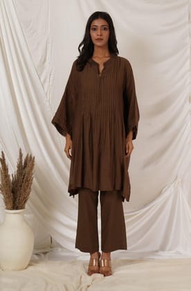 Brown Pintuck Tunic Coord Set-XL
