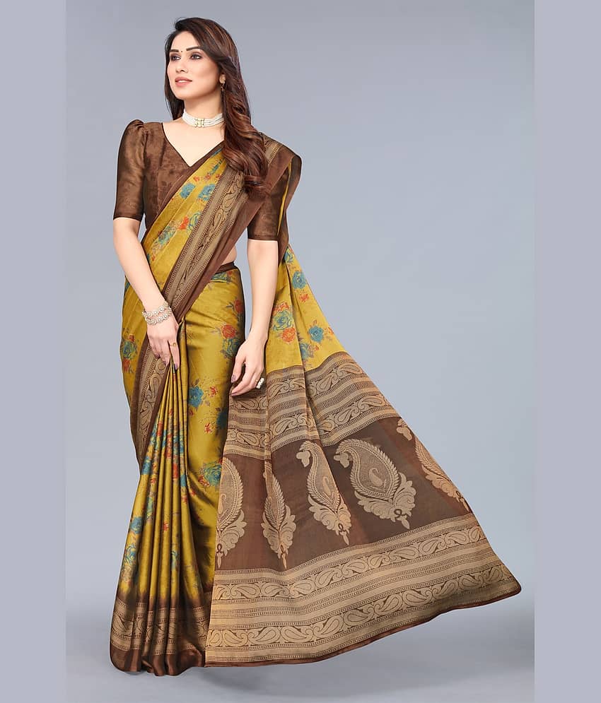 FABMORA Chiffon Printed Saree With Unstitched Blouse Piece ( Mustard )