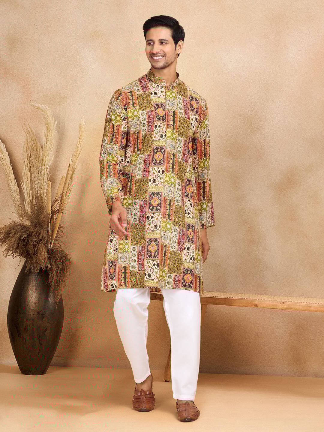 KRAFT INDIA Men's Rayon Ethnic Motif Printed Regular Straight Kurta With Elastic Waistband White Pyjama Set