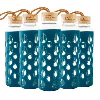The Better Home Borosilicate Glass Water Bottle with Sleeve (550ml) | Non Slip Silicon Sleeve & Bamboo Lid | Water Bottles for Fridge (Pack of 5) The Better Home Borosilicate Glass Water Bottle with Sleeve (550ml) | Non Slip Silicon Sleeve & Bamboo Lid | Water Bottles for Fridge (Pack of 5)