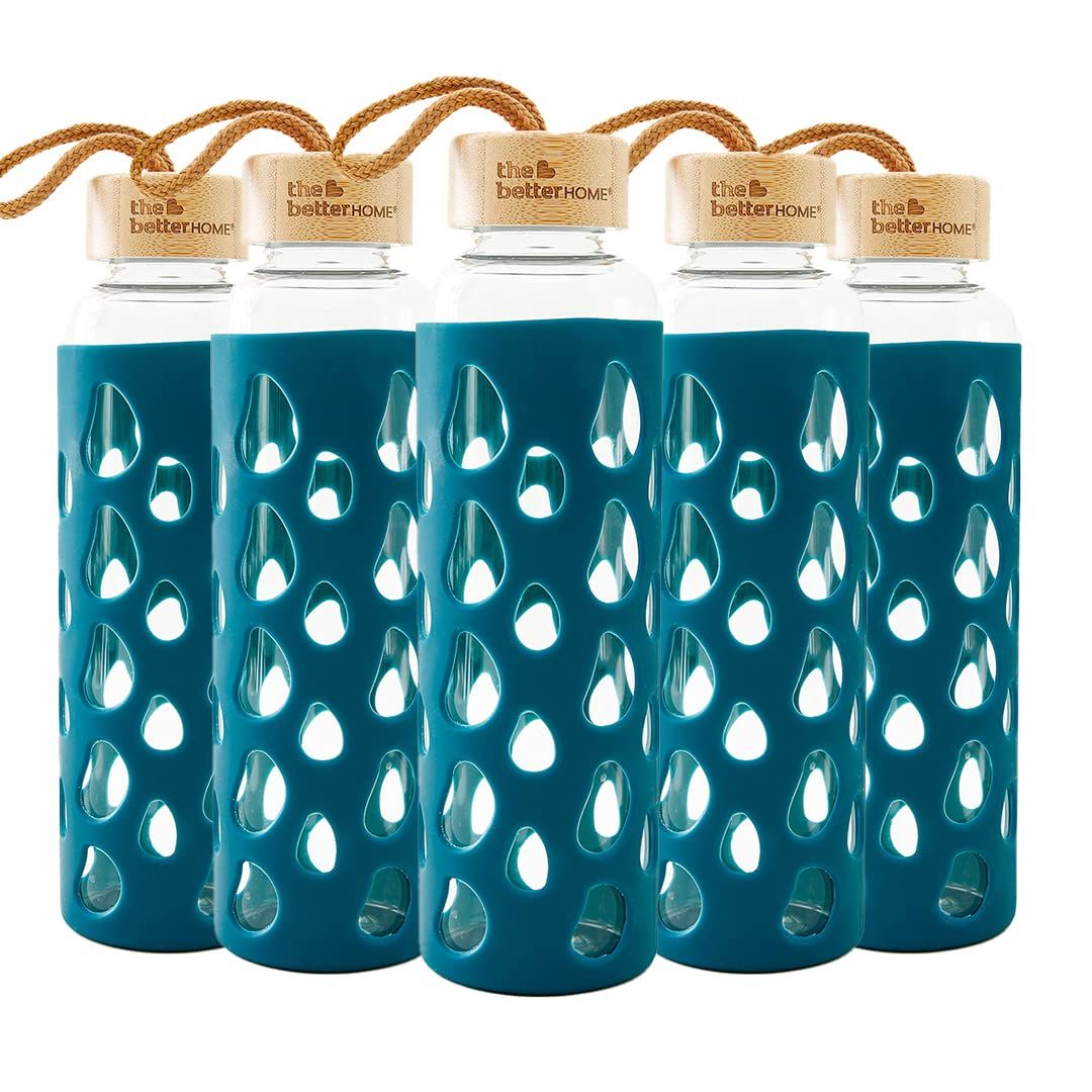 The Better Home Borosilicate Glass Water Bottle with Sleeve (550ml) | Non Slip Silicon Sleeve & Bamboo Lid | Water Bottles for Fridge (Pack of 5)