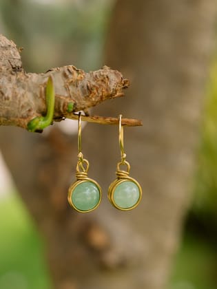 Green Amazonite Globe Brass Stone Earring (Anti Tarnish)