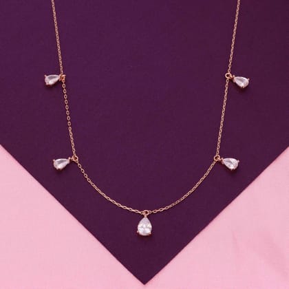 Sterling Rose Gold Zircon Drop Necklace-White Stone / Rose Gold