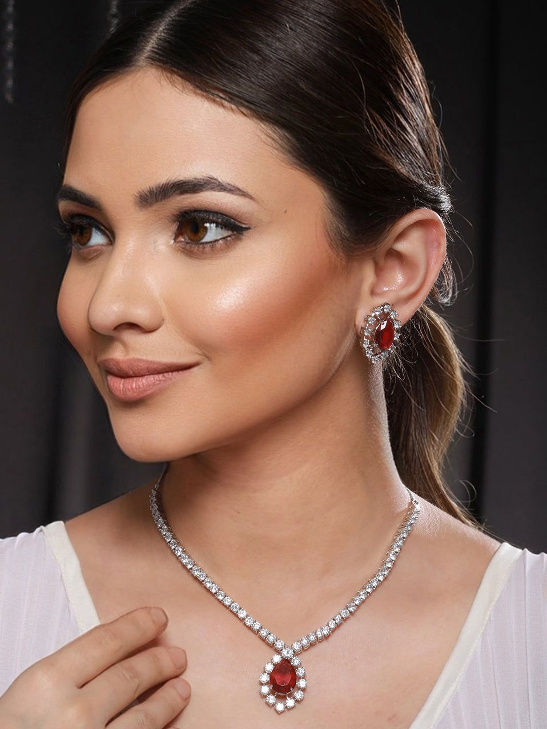 Silver Plated Red CZ Studded Minimal Delicate Jewellery Set