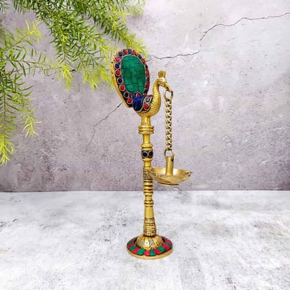 Brass Peacock Lamp with Stone Work - 9.5 inch Height | Elegant Brass Peacock Lamp with Stone Work Brass Peacock Lamp with Stone Work - 9.5 inch Height | Elegant Brass Peacock Lamp with Stone Work
