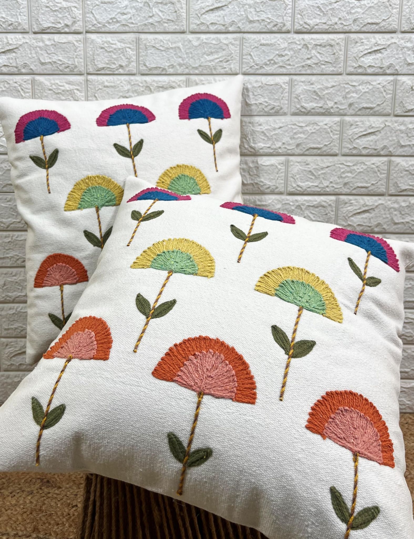 Indihomecraft Handicraft Cotton Cushion Cover - Hand Stitched Embroidery Decorative Art Boho Pillow Umbrella Shape Pillow Cover | Square Shape 18X18 Inches Cushion Cover, Set of 2