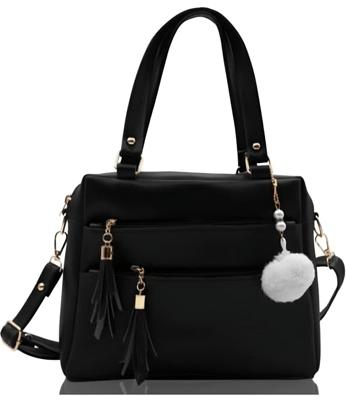 Chic Grey Handbag – Stylish Shoulder Bag with Tassels & Pom-Pom Charm for women