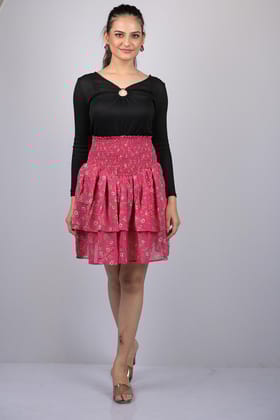 Pink Small Flower Print Skirt (OTLKT1008)-Pink / S