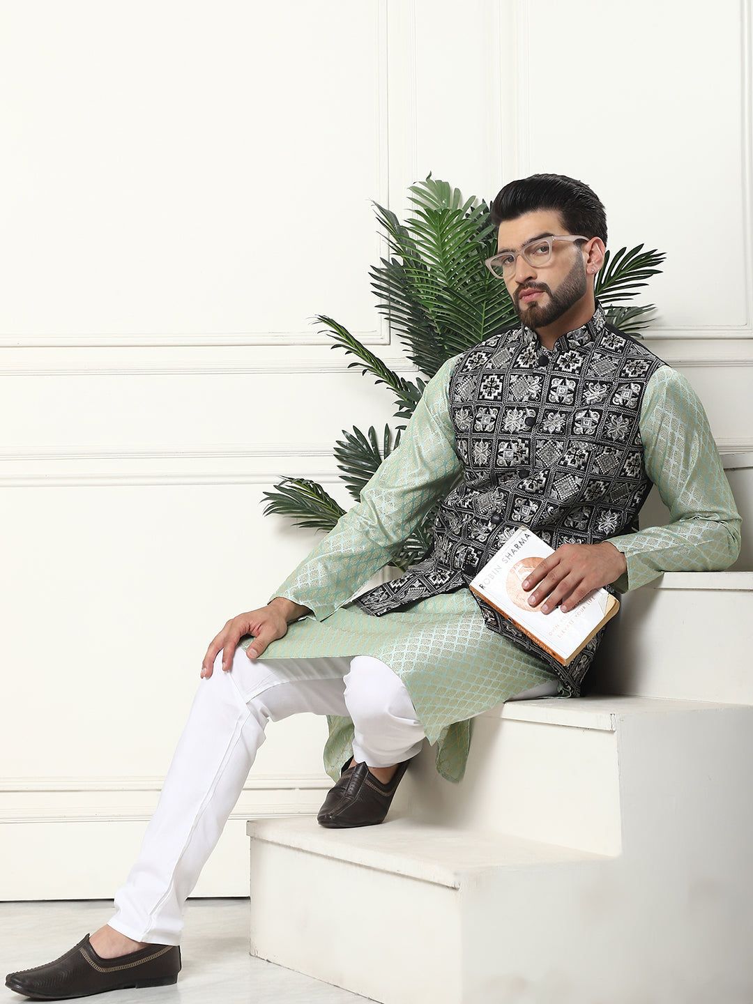 Men's Cotton Linen Self Design Pista Kurta and Cream Pyjama With Embroidered Black Nehru Jacket-36