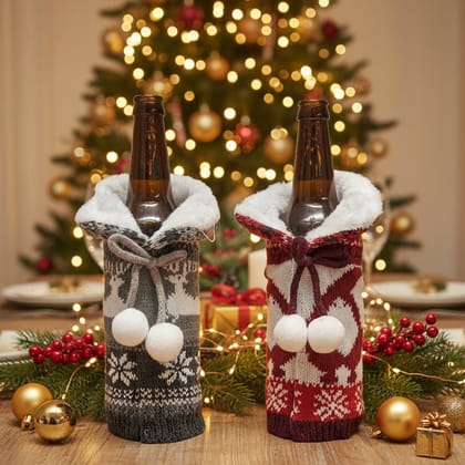 Coral Tree Woolen Christmas Wine Bottle Covers – Reindeer, Snowflake & Snowman
