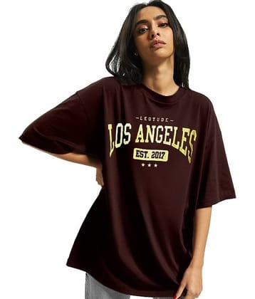 Leotude Women Cotton Blend Printed Oversized Fit Round Neck T-Shirt ( Brown )