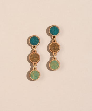 Green brown upcycled fabric repurposed wood round earring