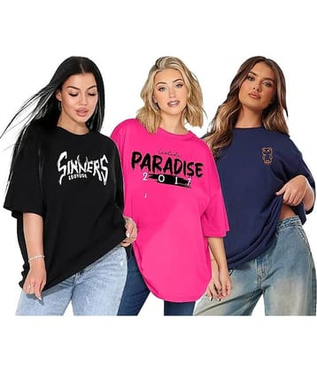 Leotude Women Cotton Blend Printed Oversized Fit Round Neck T-Shirt ( Multicolor )