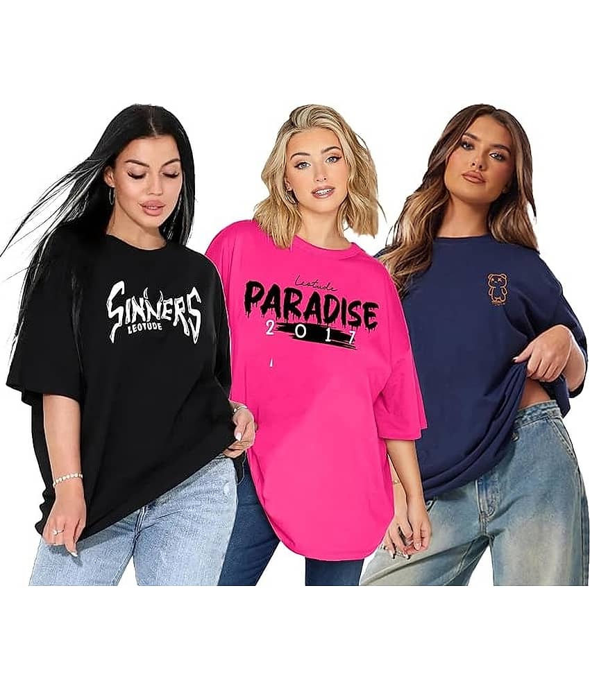 Leotude Women Cotton Blend Printed Oversized Fit Round Neck T-Shirt ( Multicolor )