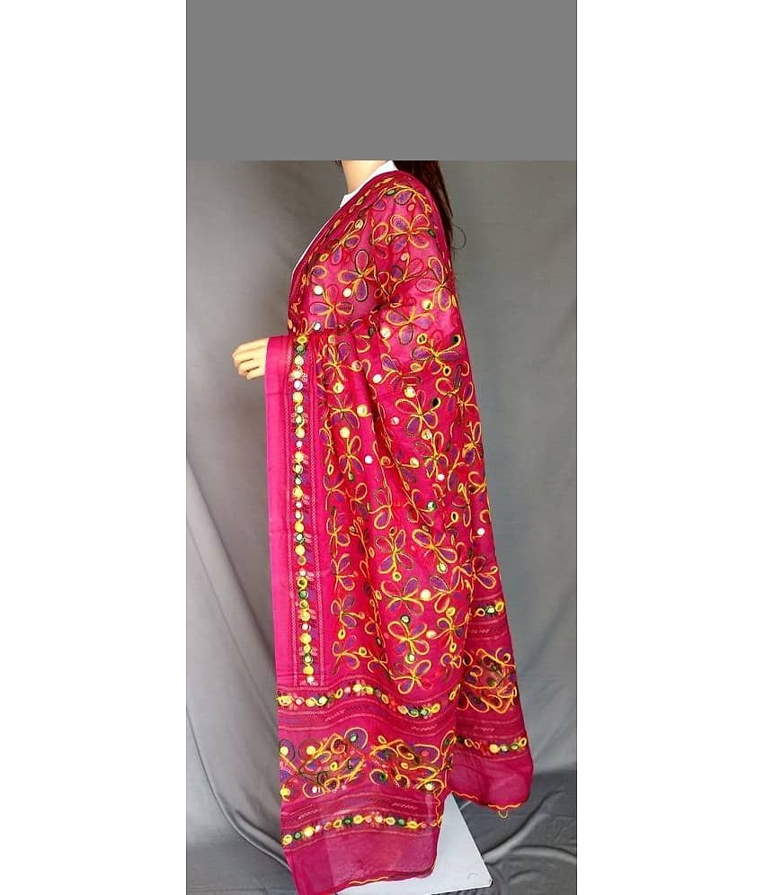 Apratim Pink Cotton Kutch Embroidered Dupatta - Single