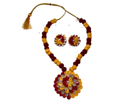 Kadamful Ear Ring & necklace set-Yellow & Red-Onesize