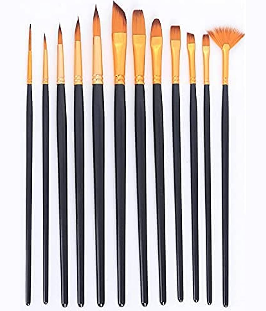 ECLET Craft Painting Brushes Set of 12 Professional Round Pointed Tip Nylon Hair Artist Acrylic Paint Brush for Acrylic/Watercolor/Oil Painting (Set of 1, Black, Golden)
