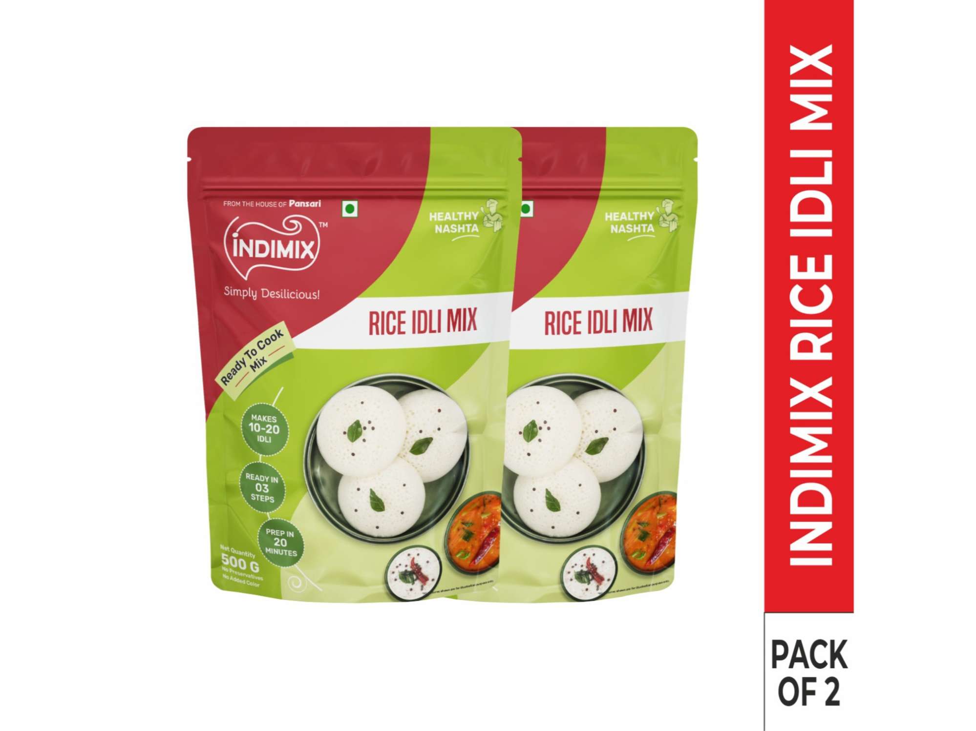 INDIMIX Instant Ready to Cook Rice Idli Mix, Ready In 3 Steps, Healthy & Tasty 500g - Pack of 2