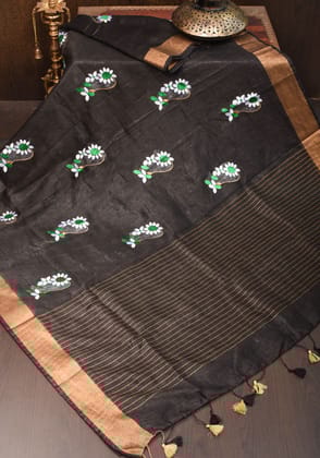Black Silk Linen Moti Nath Embroidery  and Woven zari Borders and Long Tassels
