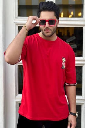 Red Half Sleeve Oversized Bear  T-Shirt - L