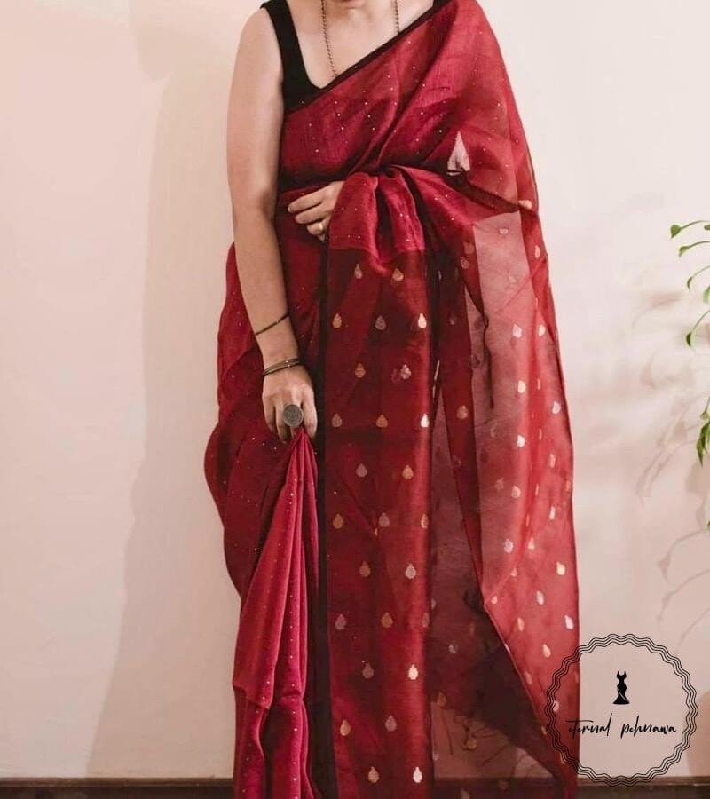 Beautiful Linen Silk Saree Silky Texture