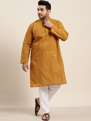 Men's 100% Cotton Mustard Chikankari Kurta & White Churidar Pyjama-44