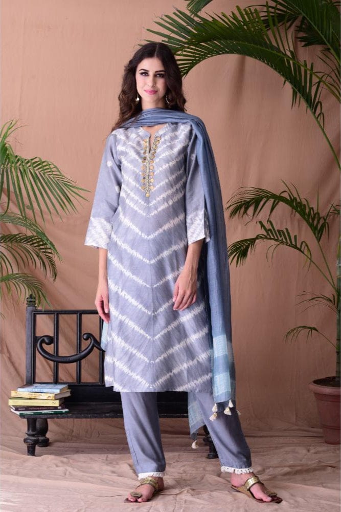 Grey Shibori Dyed Kurta Set of 3-S / Grey