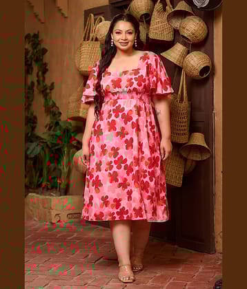 PrettyPlus by Desinoor.com Women Crepe Printed Fit & Flare Dress ( Red )