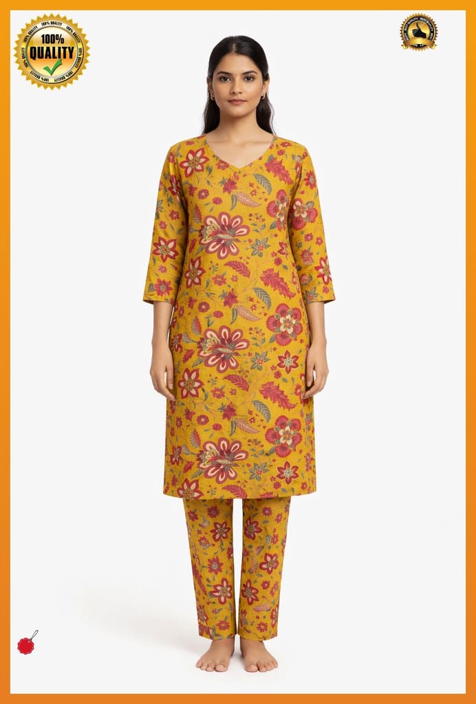 Women Cotton Printed Straight Kurti Pant Set | Floral Printed Kurta with Pant | Casual Daily Wear Ethnic Kurti Set for Women