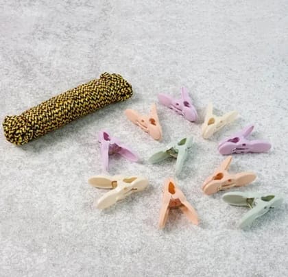 Clothes Drying Rope with Multipurpose Cloth Clips (1 Set)