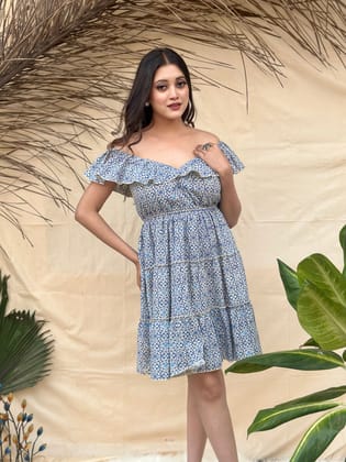 Blue Off Shoulder Cotton Short Dress-S