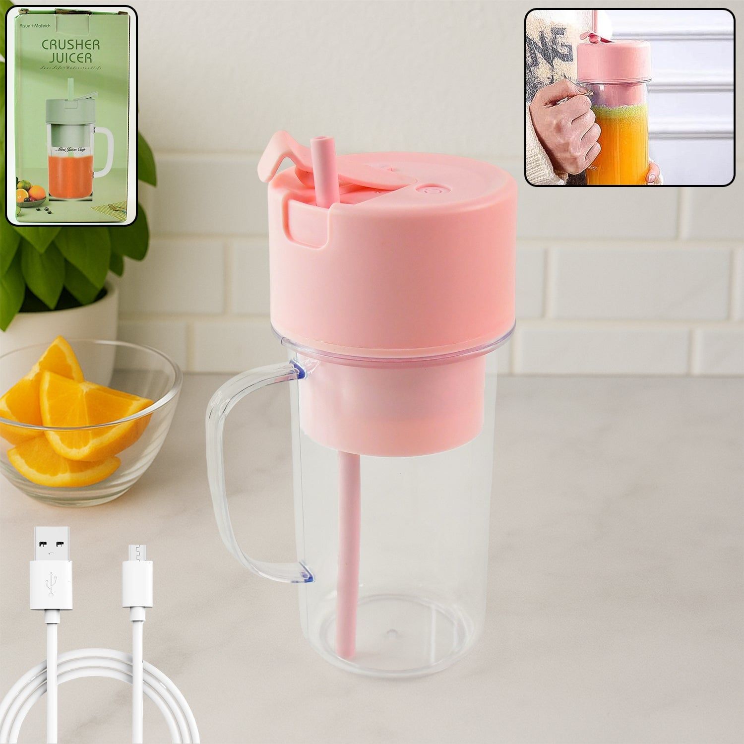 Portable Crusher Juicer With Handle & Straw, USB Rechargeable Multi Blades (420 ML)_assorted colour