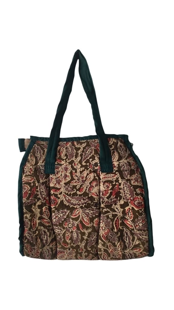 KALANKARI Handcrafted Quilted Cotton Tote Bag with Floral Print and Green Trim