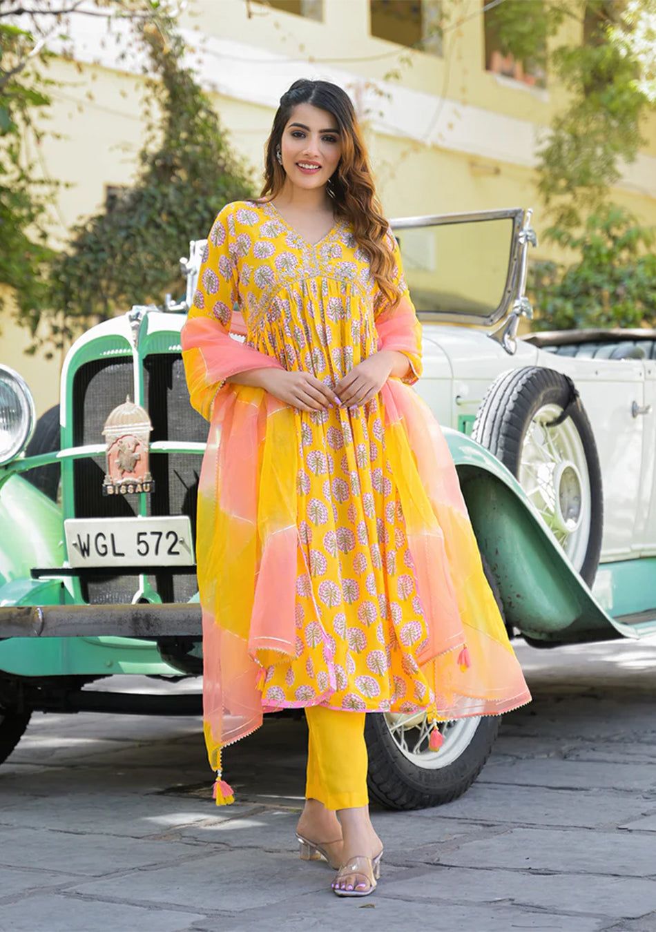 Yellow Floral Print Muslin Fabric A-Line Kurta Pant With Dupatta-XS