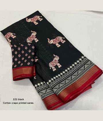Bhuwal Fashion Cotton Printed Chanderi saree With Unstitched Blouse Piece ( Black )