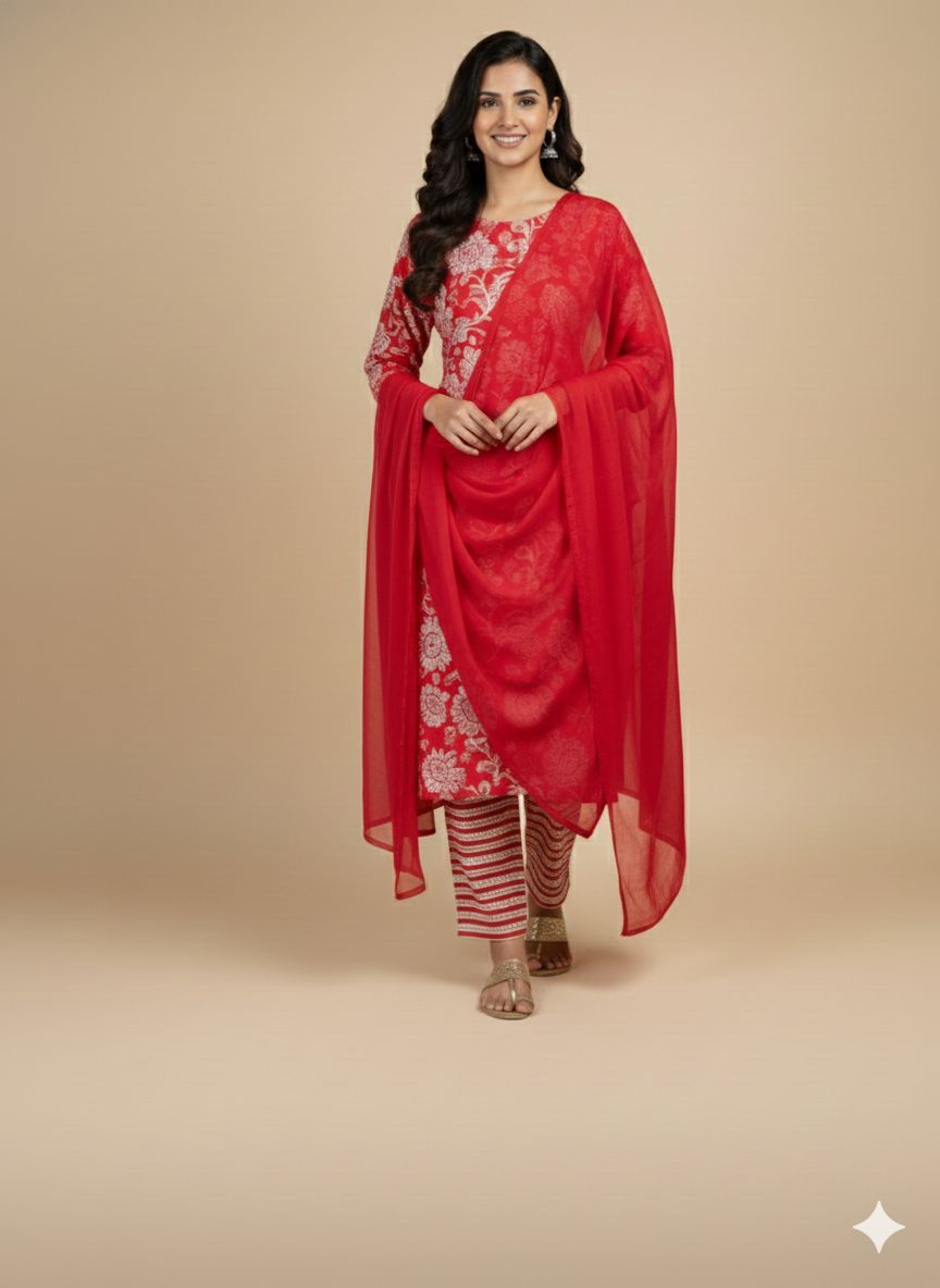 Vibrant Red & White Floral Printed Cotton Kurta Set with Striped Trousers & Dupatta