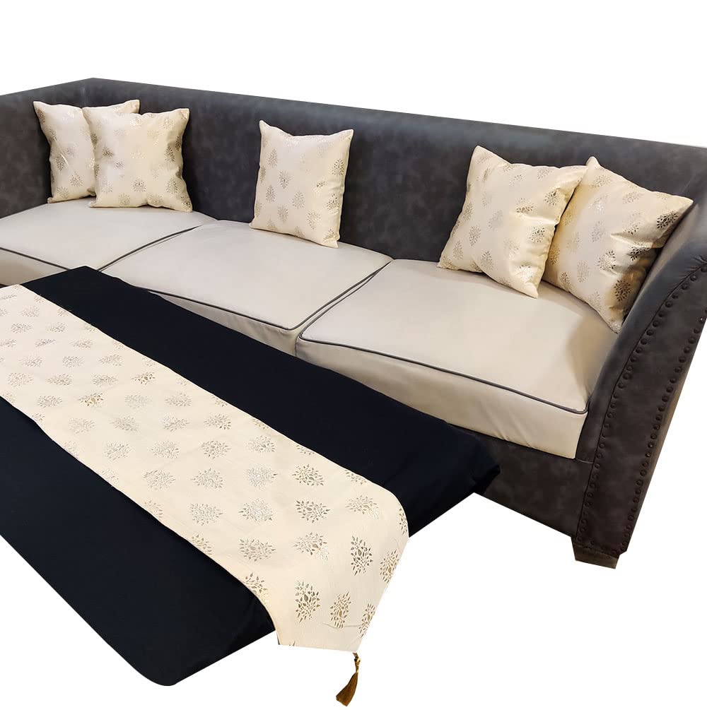 Polyester Silver Floral Foil Printed Cream Square 5 Cushion Covers and 1 Table Runner Combo Luxury Modern Pillow Cover for Sofa Living Room Bedroom |12X12 Inch Cushion Cover I12 X 59 Inch Table Runner