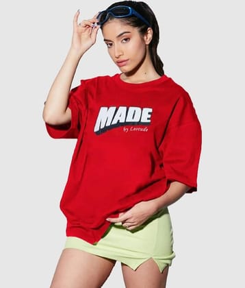 Leotude Women Cotton Blend Printed Oversized Fit Round Neck T-Shirt ( Red )
