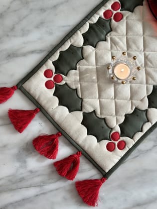 KRI India Bloom Xmas Quilted Tasselled Runner|14x80 | Beige with red & green detailing  | Wash & Care | 100% Cotton | Handcrafted in India. 100% organic & natural.