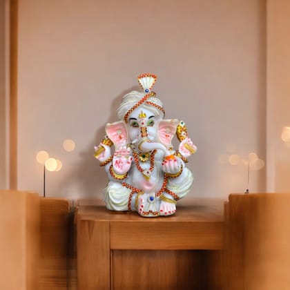 Pagdi Ganesha White Marble Look Decorative Ganesha Statue Murti H-34 cm-Composite Marble