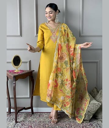 PURVAIYA CREATION Cotton Embellished Kurti With Pants Women's Stitched Salwar Suit - Yellow ( Pack of 1 )
