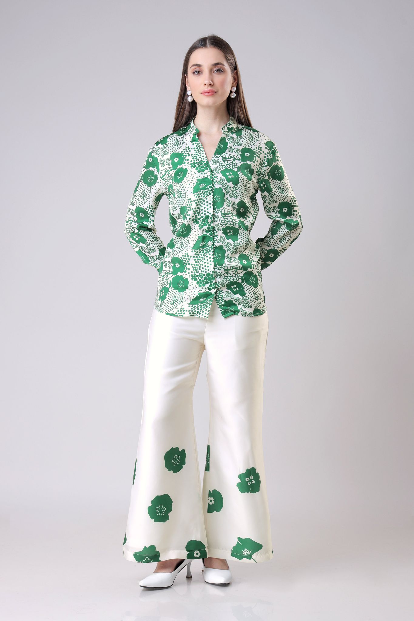 Stylish Floral Shirt And Pant Co-Ord Set For Women-XXS / Emerald Green / SH0066-DPLZ00346-2 MTR-NIL-NIL-NIL-NIL-THY01-FS002-NIL-BT0046-11-NIL-NIL-NIL||BT005-DPLZ00347-2.5 MTR-FAB3200320 -2.5 MTR