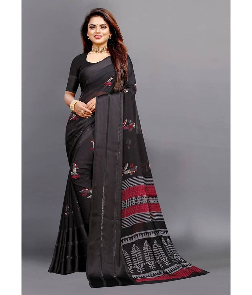 sanwariya Georgette Printed Saree With Unstitched Blouse Piece ( Black )