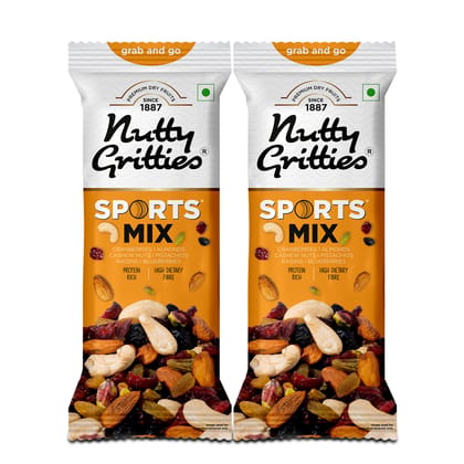 Nutty Gritties Grab And Go Sports Mix - Roasted Almonds, Cashews, Pistachios, Dried Blueberries, Cranberries and Raisins, 40 gm - Pack of 2