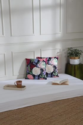 Koko Decorative Polyester Cushion Cover 16x16 inch - Soft Textured Navy Blue Floral Print - Set of 2 Square Pillow Covers for Bed, Sofa, and Chair