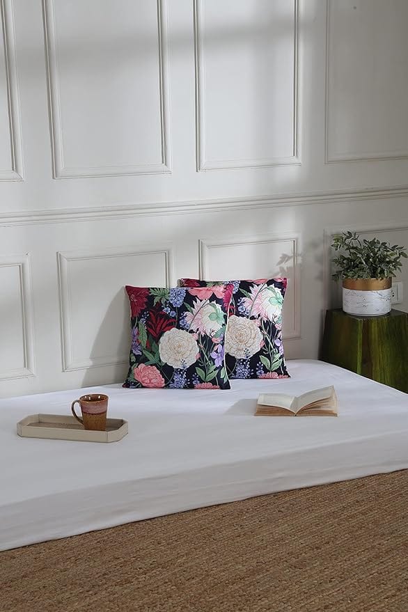 Koko Decorative Polyester Cushion Cover 16x16 inch - Soft Textured Navy Blue Floral Print - Set of 2 Square Pillow Covers for Bed, Sofa, and Chair