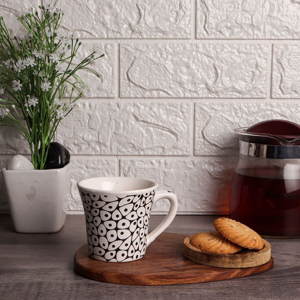 Femora Handcrafted Indian Ceramicware White Dots Tea Cups, 190 ML, 6pcs